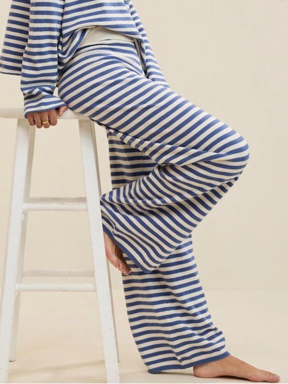 NWT Aerie Sunday Soft Striped Blue and Cream Knit Wide-Leg Pants
